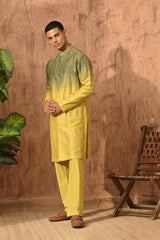 GREEN/YELLOW VISCOSE SILK mens kurta pajama with patra work