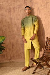 GREEN/YELLOW VISCOSE SILK mens kurta pajama with patra work