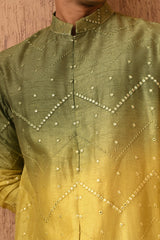 GREEN/YELLOW VISCOSE SILK mens kurta pajama with patra work