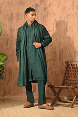 GREEN LINEN SATIN mens kurta pajama stole with frenchknots embroidery