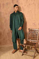 GREEN LINEN SATIN mens kurta pajama stole with frenchknots embroidery