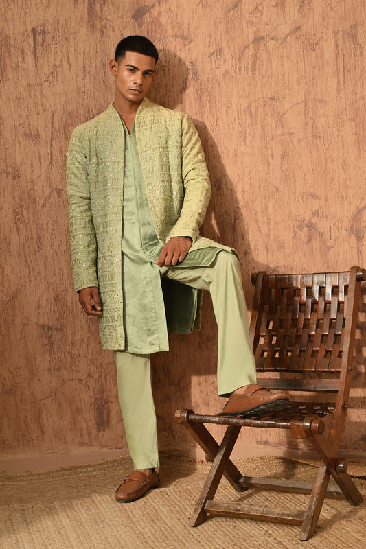 GREEN CHANDERI mens double layered kurta pajama with mirrorwork