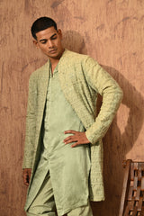 GREEN CHANDERI mens double layered kurta pajama with mirrorwork