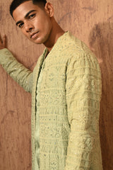 GREEN CHANDERI mens double layered kurta pajama with mirrorwork