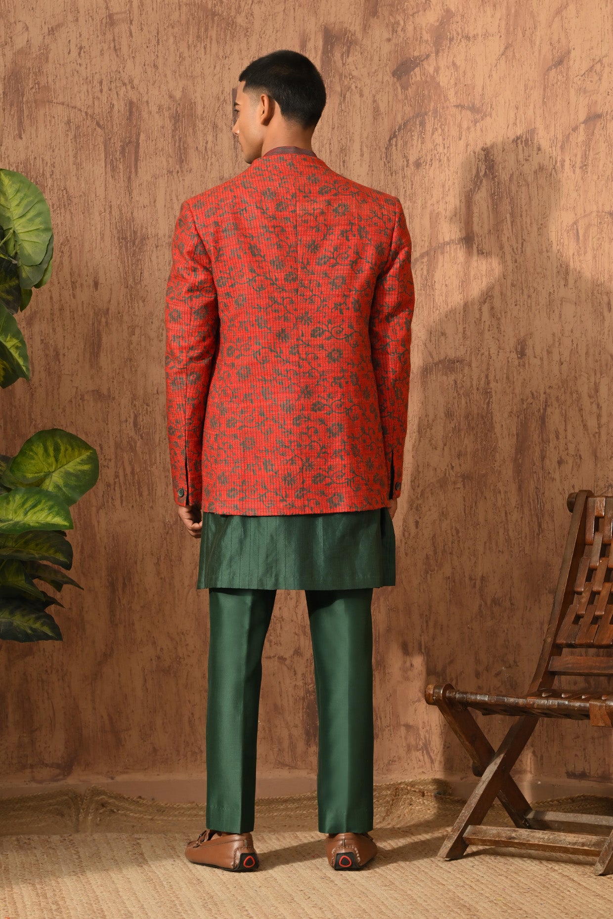 RUST/GREEN SILK mens bandgala kurta pant with hand blockprinting and pintucks