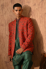 RUST/GREEN SILK mens bandgala kurta pant with hand blockprinting and pintucks