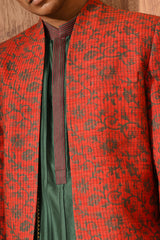 RUST/GREEN SILK mens bandgala kurta pant with hand blockprinting and pintucks