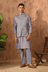 GREY LINEN SATIN mens kurta pajama nehru jacket with frenchknots embroidery