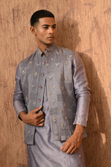 GREY LINEN SATIN mens kurta pajama nehru jacket with frenchknots embroidery