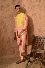 YELLOW/PEACH MONGA SILK mens kurta pajama nehru jacket with gotawork