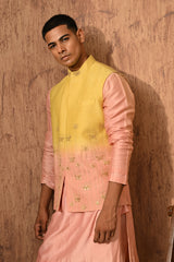YELLOW/PEACH MONGA SILK mens kurta pajama nehru jacket with gotawork