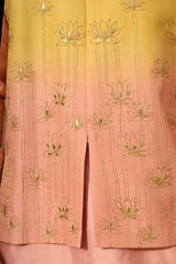 YELLOW/PEACH MONGA SILK mens kurta pajama nehru jacket with gotawork
