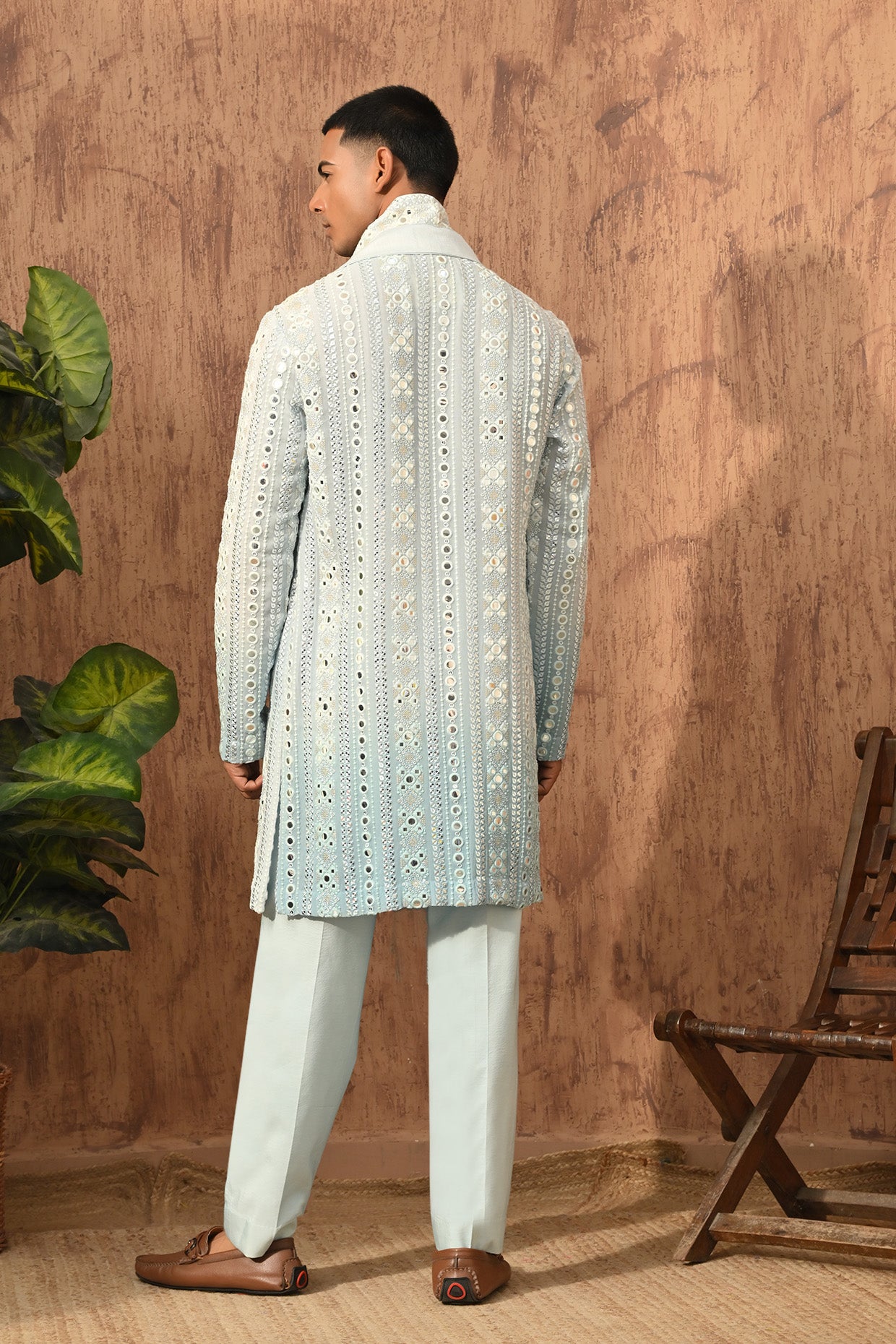 GREEN GEORGETTE mens kurta pajama stole with patra work