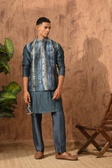 BLUE RAW SILK mens kurta pajama nehru jacket with digital printing