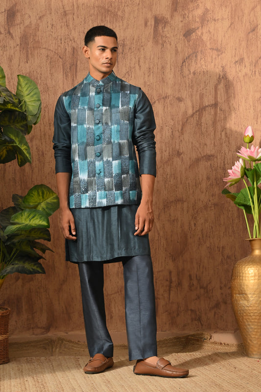 BLUE RAW SILK mens kurta pajama nehru jacket with swarovski and digital printing
