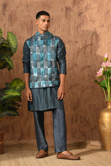 BLUE RAW SILK mens kurta pajama nehru jacket with swarovski and digital printing