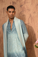 BLUE GEORGETTE mens kurta pajama stole with patra work
