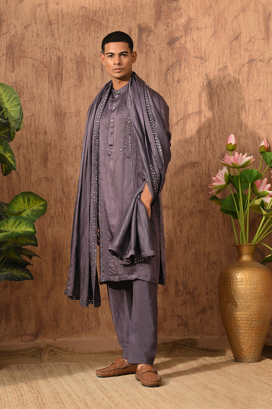 PURPLE LINEN SATIN mens kurta pajama stole with mirrorwork