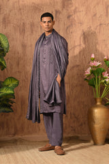 PURPLE LINEN SATIN mens kurta pajama stole with mirrorwork