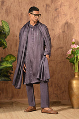 PURPLE LINEN SATIN mens kurta pajama stole with mirrorwork