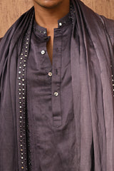 PURPLE LINEN SATIN mens kurta pajama stole with mirrorwork