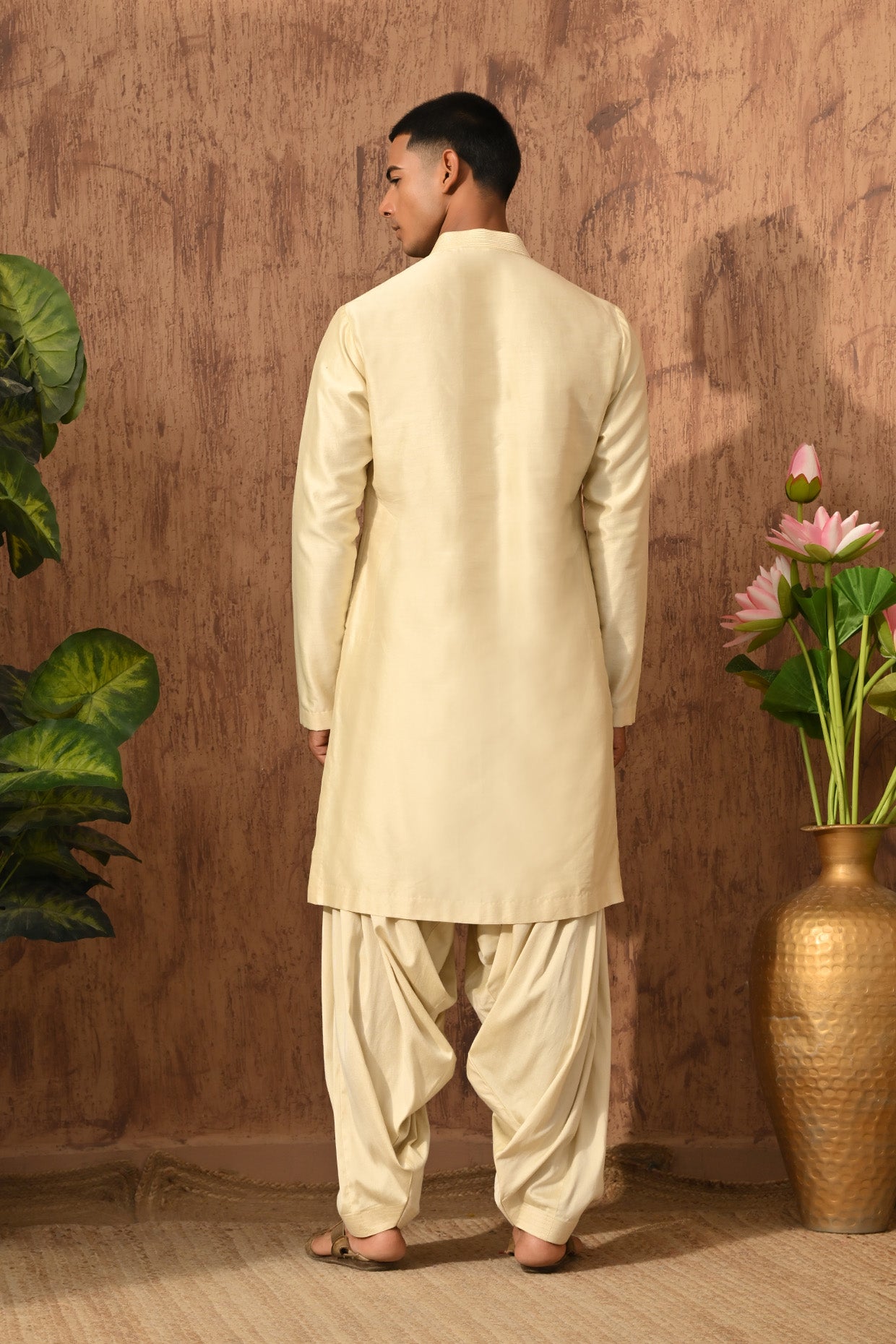 BEIGE VISCOSE SILK mens kurta slawar with stole