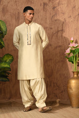 BEIGE VISCOSE SILK mens kurta slawar stole with mirrorwork