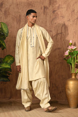 BEIGE VISCOSE SILK mens kurta slawar with stole