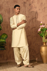 BEIGE VISCOSE SILK mens kurta slawar stole with mirrorwork