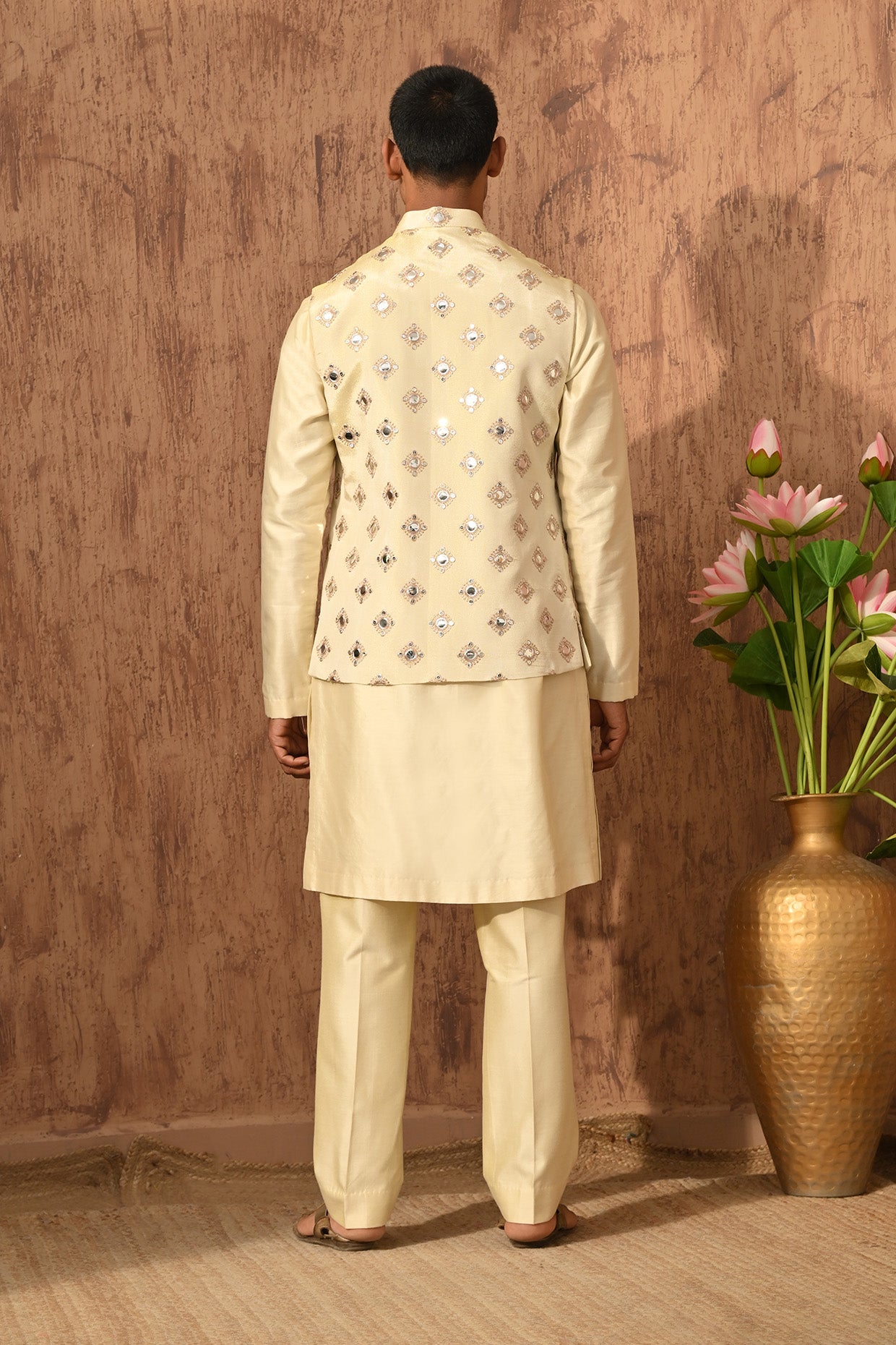 BEIGE TISSUE mens kurta pajama nehru jacket with mirrorwork