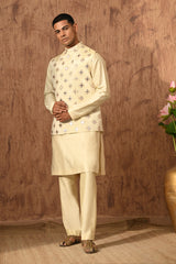 BEIGE TISSUE mens kurta pajama nehru jacket with mirrorwork