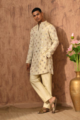 BEIGE TISSUE mens kurta pajama nehru jacket with mirrorwork