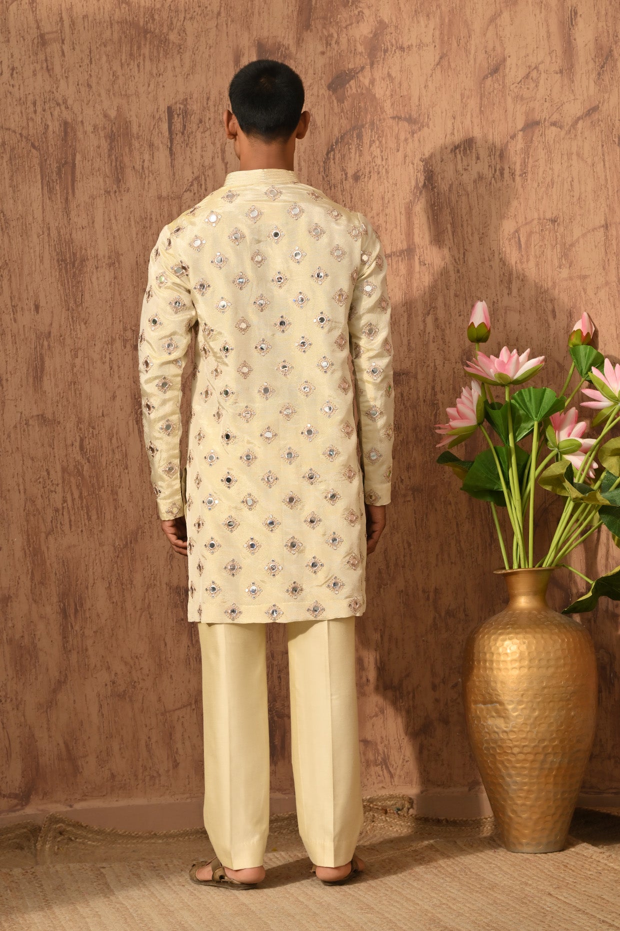 BEIGE TISSUE mens kurta pajama with mirrorwork