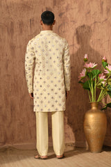 BEIGE TISSUE mens kurta pajama with mirrorwork