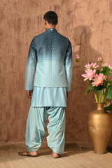 BLUE CHANDERI mens kurta salwar nehru jacket with mirrorwork