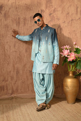 BLUE CHANDERI mens kurta salwar nehru jacket with mirrorwork
