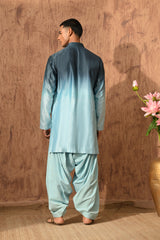 BLUE CHANDERI mens kurta salwar nehru jacket with mirrorwork