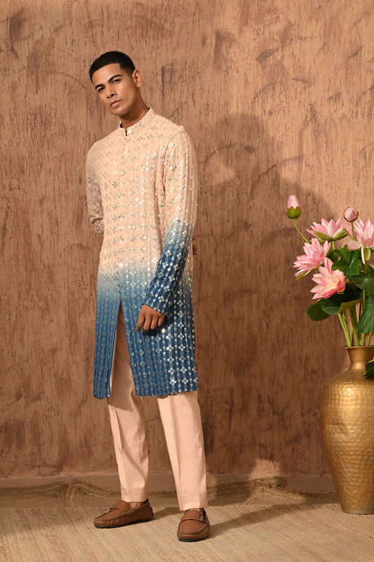 ROSE GOLD/BLUE GEORGETTE mens kurta pant with sequencework
