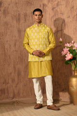 YELLOW LINEN SATIN mens kurta pajama nehru jacket with mirrorwork