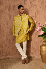 YELLOW LINEN SATIN mens kurta pajama nehru jacket with mirrorwork