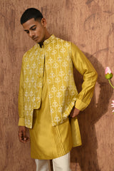YELLOW LINEN SATIN mens kurta pajama nehru jacket with mirrorwork