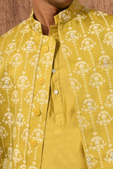 YELLOW LINEN SATIN mens kurta pajama nehru jacket with mirrorwork