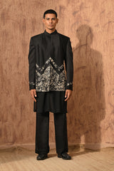 BLACK LINEN SATIN mens bandgala kurta pant with zardozi