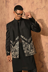 BLACK LINEN SATIN mens bandgala kurta pant with zardozi