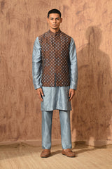 BLUE VISCOSE SILK mens kurta pajama nehru jacket with threadwork
