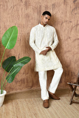 IVORY COTON JACQUARD mens kurta pajama with zari and thread work
