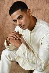 IVORY COTON JACQUARD mens kurta pajama with zari and thread work