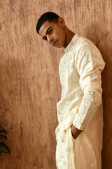 IVORY COTTON JACQUARD mens kurta pajama with zari work