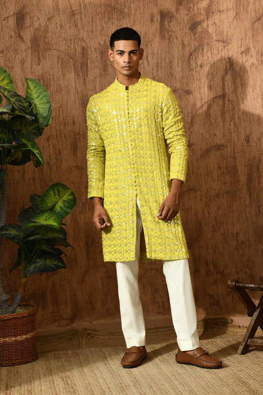 GREEN GEORGETTE mens kurta pajama with sequencework