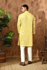 YELLOW GEORGETTE mens kurta pajama with sequencework